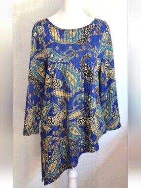 SLINKY Paisley Pleated Textures Women's Tunic Blouse Top  Size L  MADE IN USA